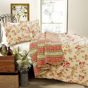 Vintage Rose Floral Cotton Quilted Scalloped 3-Piece Reversible Quilt Bedding Set