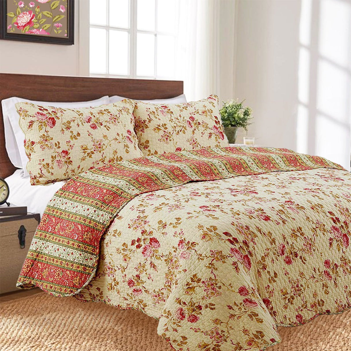 Vintage Rose Floral Cotton Quilted Scalloped 3-Piece Reversible Quilt Bedding Set