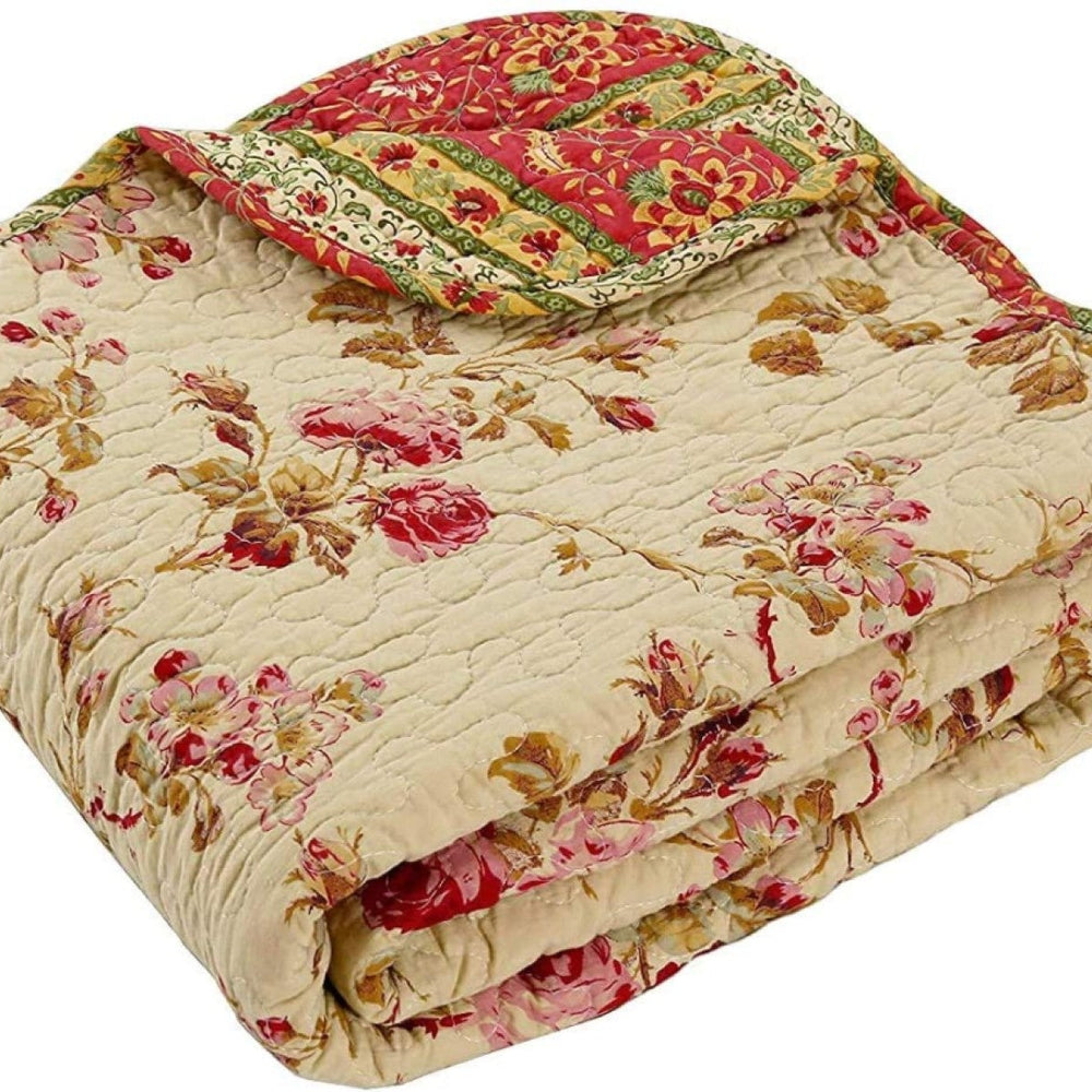 Vintage Rose Floral Cotton Quilted Scalloped Reversible Throw Blanket
