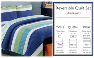 Waylon Blue Green Stripe Real Patchwork Cotton Reversible Quilt Bedding Set