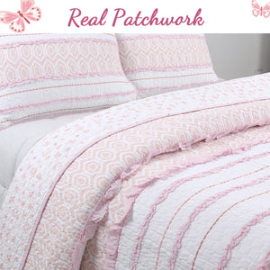 Pretty in Pink Girly Princess Ruffled Star Ogee Stripe Real Patchwork Cotton Reversible Quilt Bedding Set