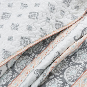 Peach Paisley Print Grey Aqua Blue Floral 3-Piece Reversible Quilt Bedding Set