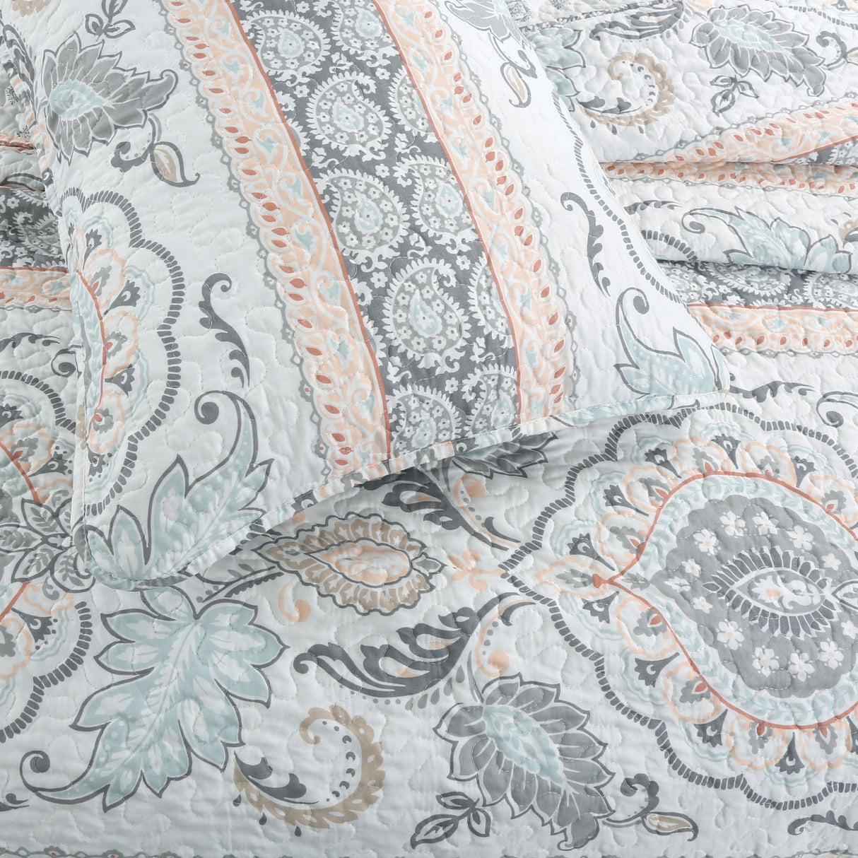 Peach Paisley Print Grey Aqua Blue Floral 3-Piece Reversible Quilt Bedding Set