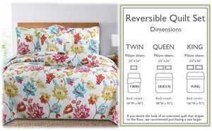 Vivid Tropical Colorful Anemone Floral Garden Print 3-Piece Reversible Quilt Bedding Set