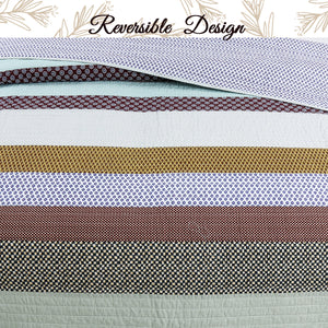 Nesco Striped Purple Green Brown Cotton 3-Piece Reversible Quilt Bedding Set
