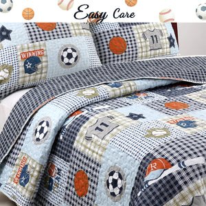 Blue Sports Baseball Basketball Soccer Football Print Patchwork Boy Reversible Quilt Bedding Set