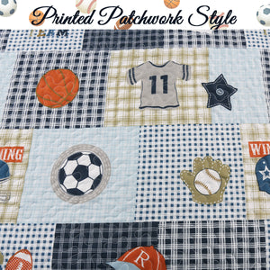 Blue Sports Baseball Basketball Soccer Football Print Patchwork Boy Reversible Quilt Bedding Set