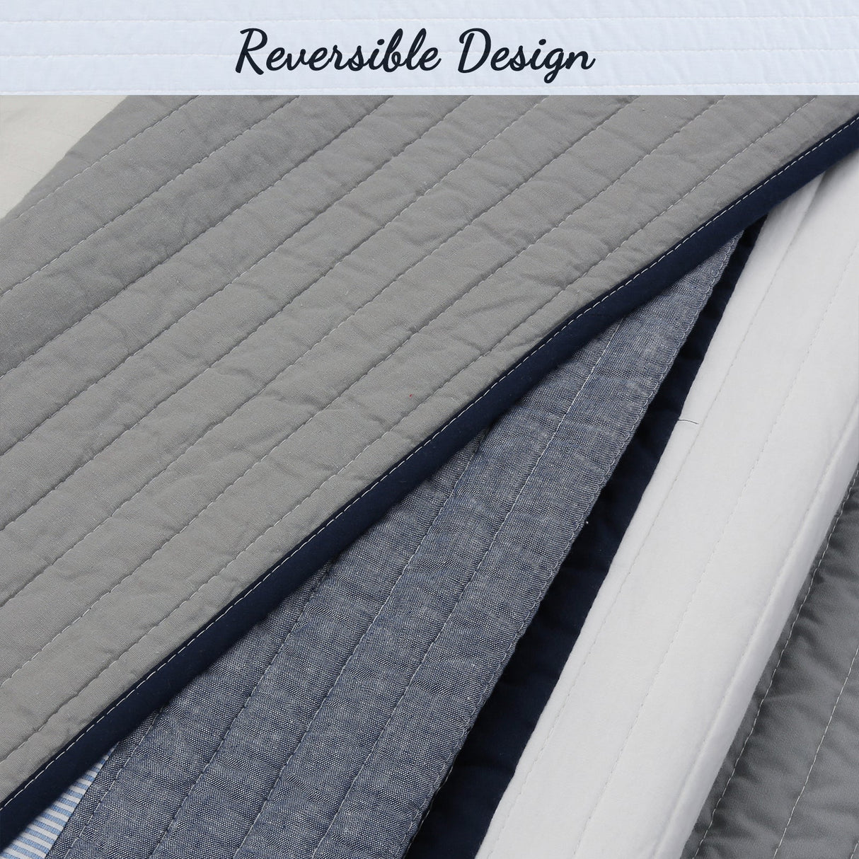 Tranquil Blue Gray Stripe Real Patchwork Cotton Reversible Quilt Bedding Set