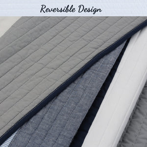 Tranquil Blue Gray Stripe Real Patchwork Cotton Reversible Quilt Bedding Set