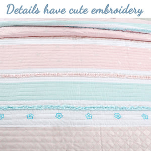 Candy Light Pink Blue Ruffle Floral Stripe Real Patchwork Girl Cotton Reversible Quilt Bedding Set
