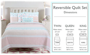 Candy Light Pink Blue Ruffle Floral Stripe Real Patchwork Girl Cotton Reversible Quilt Bedding Set