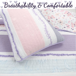 Lavender Pink Blue Chic Ruffle Girl Cotton Reversible Quilt Bedding Set