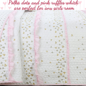 Sweet Heart Polka Dot Pink Ruffle Cotton Reversible Quilt Bedding Set