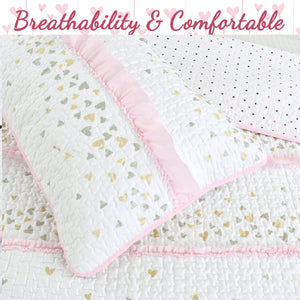 Sweet Heart Polka Dot Pink Ruffle Cotton Reversible Quilt Bedding Set