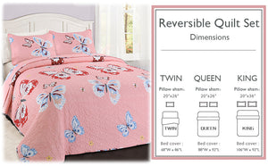 Butterflies Flutter Pink Girl Print Reversible Quilt Bedding Set