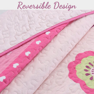 Pink Flower Garden Girl Print Reversible Quilt Bedding Set