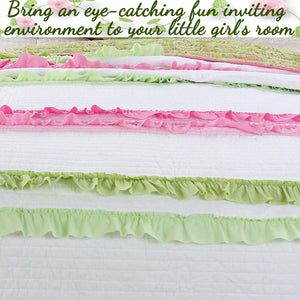Pink Green Chic Ruffle Girl Cotton Reversible Quilt Bedding Set