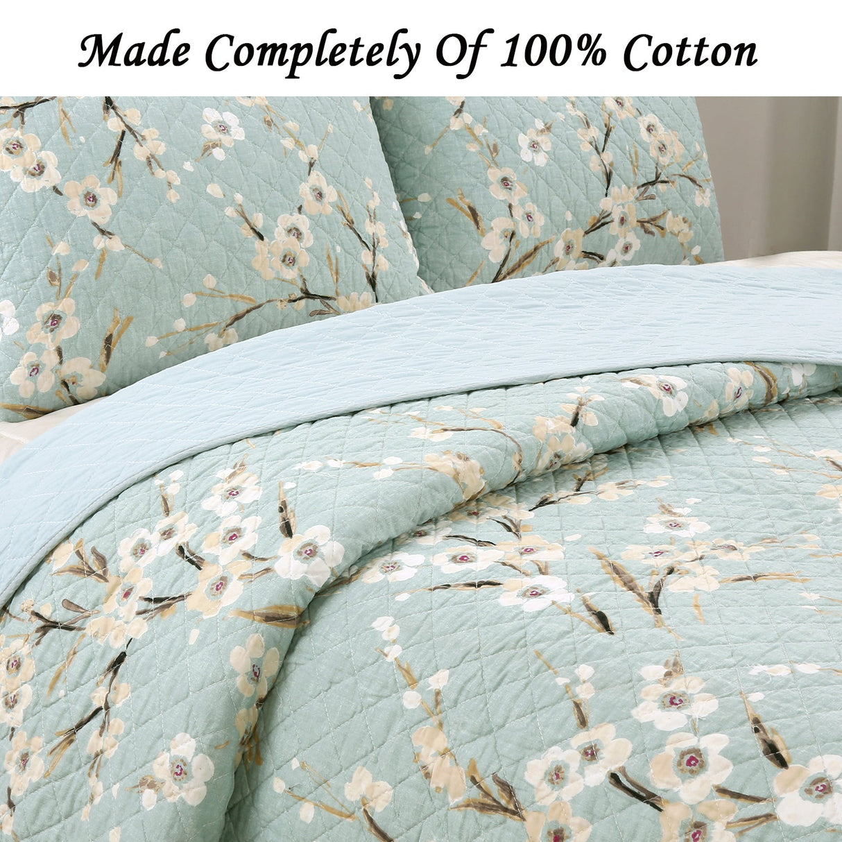 Cream Cherry Blossom Floral Cyan Blue Green 3-Piece Reversible Quilt Bedding Set