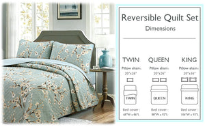 Cream Cherry Blossom Floral Cyan Blue Green 3-Piece Reversible Quilt Bedding Set