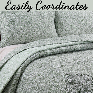 Ombre Leaf Sage Forest Green Medallion 3- Piece Reversible Quilt Bedding Set