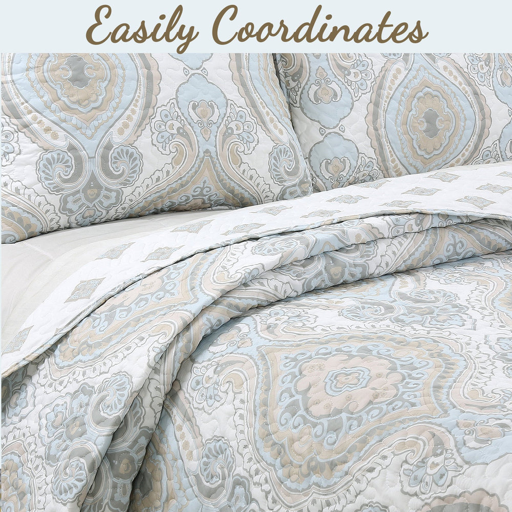 Modern Medallion Sky Blue Tan Gray Brocade 3-Piece Reversible Quilt Bedding Set