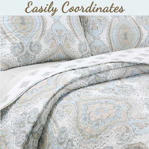 Modern Medallion Sky Blue Tan Gray Brocade 3-Piece Reversible Quilt Bedding Set