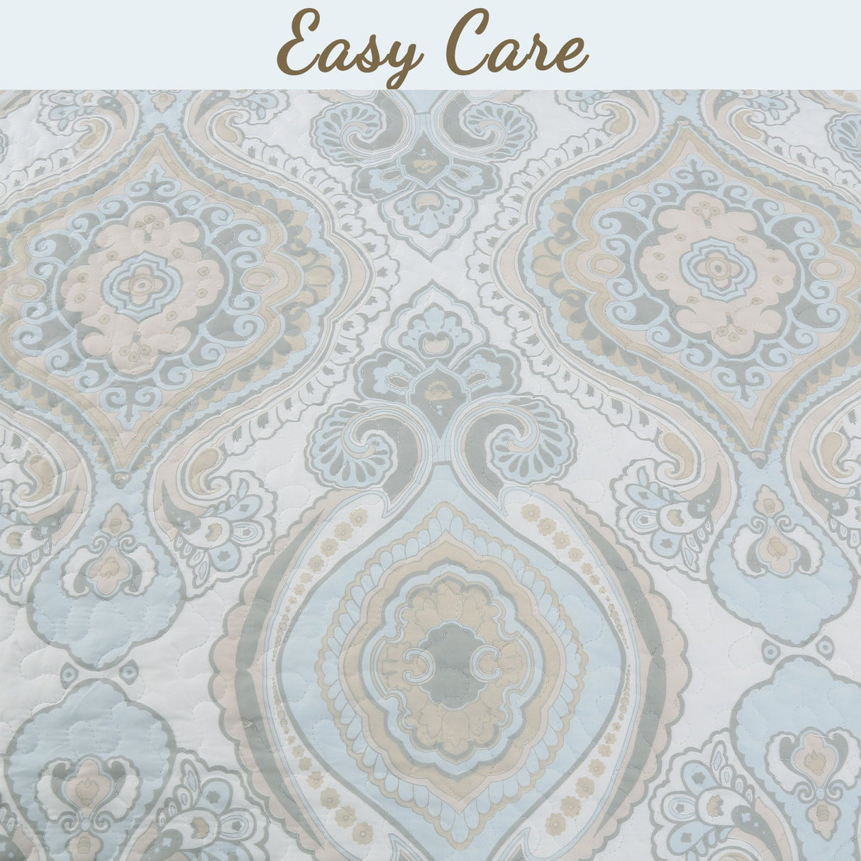 Modern Medallion Sky Blue Tan Gray Brocade 3-Piece Reversible Quilt Bedding Set