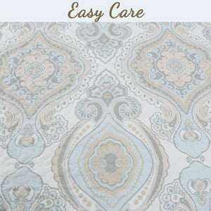 Modern Medallion Sky Blue Tan Gray Brocade 3-Piece Reversible Quilt Bedding Set