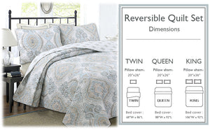 Modern Medallion Sky Blue Tan Gray Brocade 3-Piece Reversible Quilt Bedding Set