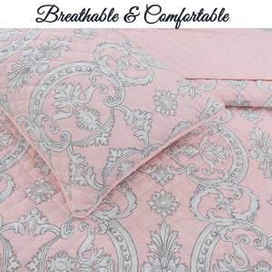 Millennial Pink Floral Majesty Medallion Queen 3-Piece Reversible Quilt Bedding Set
