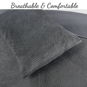Soft Velvet Basket Weave Stripe Solid Blue or Grey 3-Piece Reversible Quilt Bedding Set