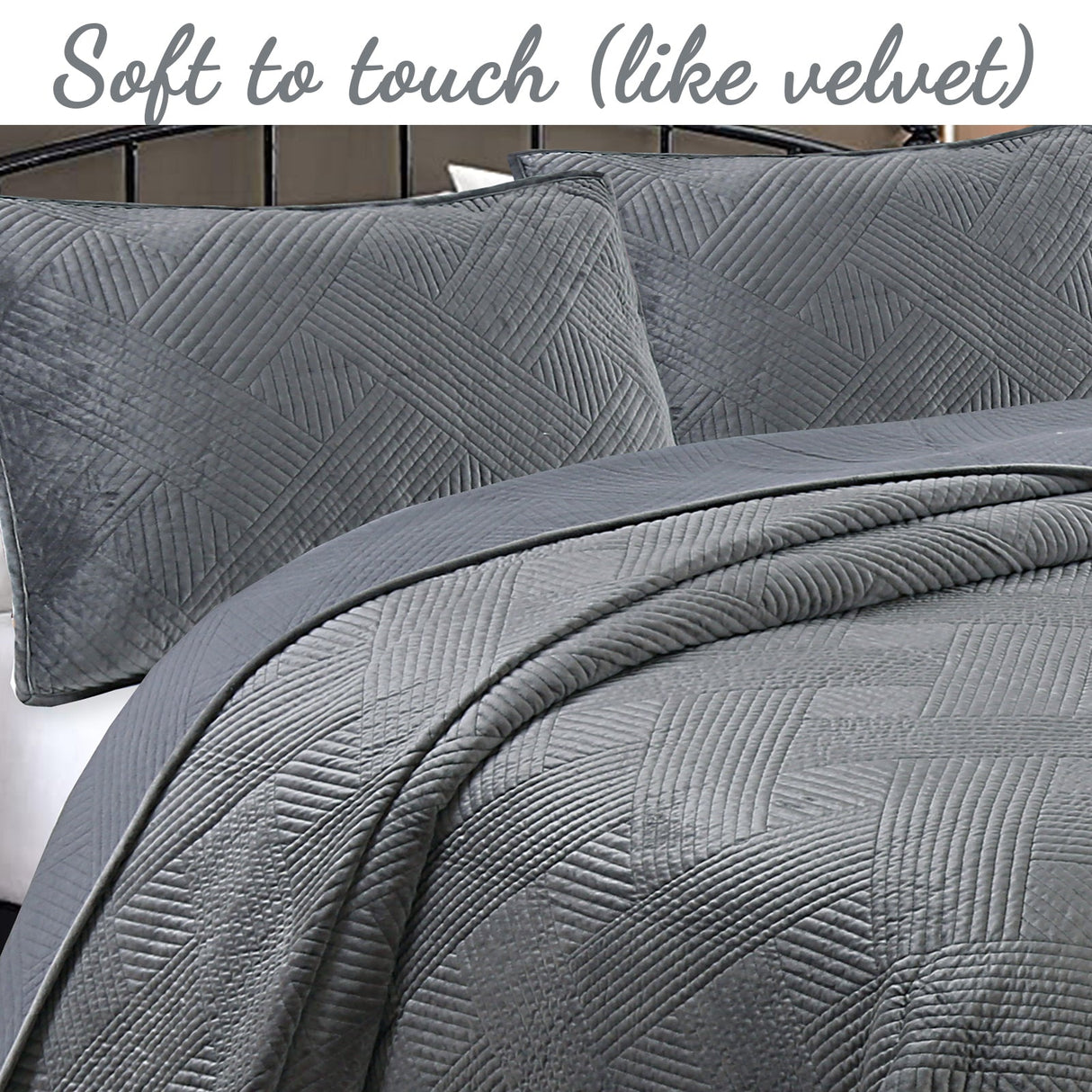 Soft Velvet Basket Weave Stripe Solid Blue or Grey 3-Piece Reversible Quilt Bedding Set