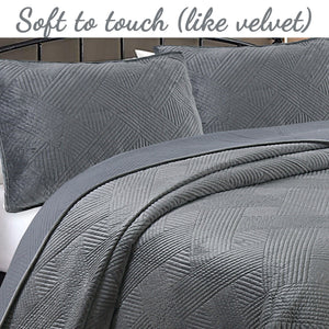 Soft Velvet Basket Weave Stripe Solid Blue or Grey 3-Piece Reversible Quilt Bedding Set