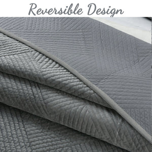 Soft Velvet Basket Weave Stripe Solid Blue or Grey 3-Piece Reversible Quilt Bedding Set