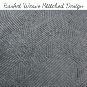 Soft Velvet Basket Weave Stripe Solid Blue or Grey 3-Piece Reversible Quilt Bedding Set