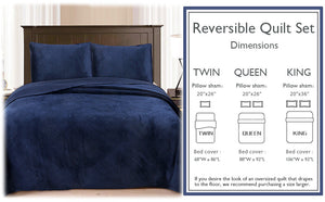 Soft Velvet Basket Weave Stripe Solid Blue or Grey 3-Piece Reversible Quilt Bedding Set