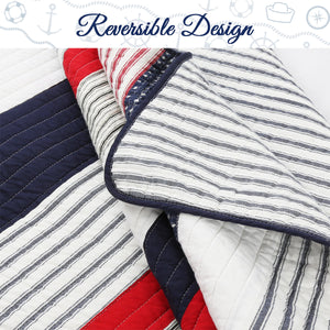 Liberty Patriotic Stripes Red Blue White Striped Real Patchwork Cotton Reversible Quilt Bedding Set