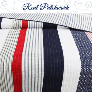 Liberty Patriotic Stripes Red Blue White Striped Real Patchwork Cotton Reversible Quilt Bedding Set