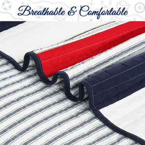 Liberty Patriotic Stripes Red Blue White Striped Real Patchwork Cotton Reversible Quilt Bedding Set