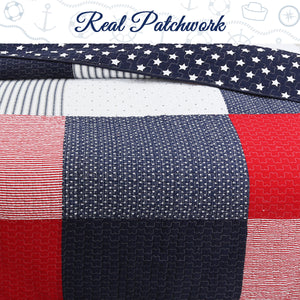 Patriotic Real Patchwork Plaid Red White Blue Cotton Reversible Quilt Bedding Set