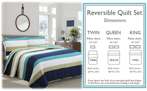 Aquamarine Striped Navy Blue Green Star Dot Cotton Reversible Quilt Bedding Set