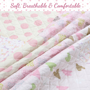 Pink Heart Floral Dot Giraffe Medallion Real Patchwork Cotton Reversible Quilt Bedding Set