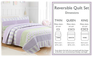 Lilac Purple Green Stripe Polka Dot Checker White Ruffle Real Patchwork Cotton Reversible Quilt Bedding Set
