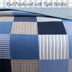 Blue Jean Plaid Stripes Tartan Real Patchwork Cotton Reversible Quilt Bedding Set