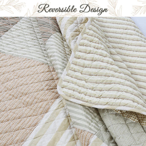Earth Tone Brown Tan Beige Stripe Checker Real Patchwork 3-Piece Cotton Reversible Quilt Bedding Set