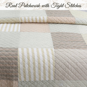 Earth Tone Brown Tan Beige Stripe Checker Real Patchwork 3-Piece Cotton Reversible Quilt Bedding Set