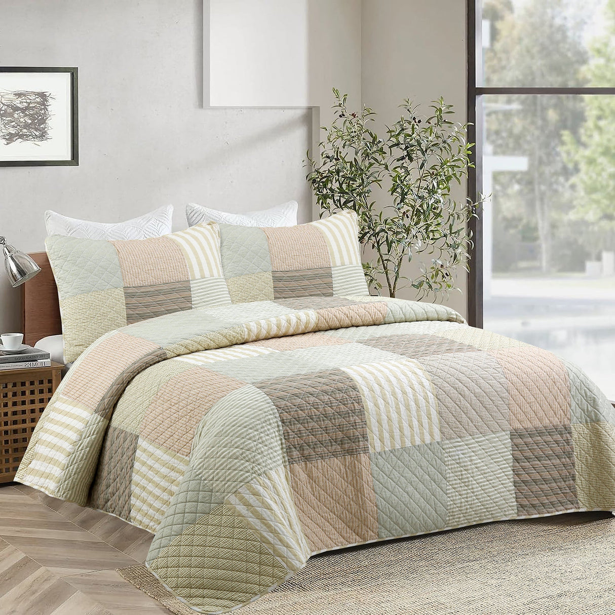 Earth Tone Brown Tan Beige Stripe Checker Real Patchwork 3-Piece Cotton Reversible Quilt Bedding Set