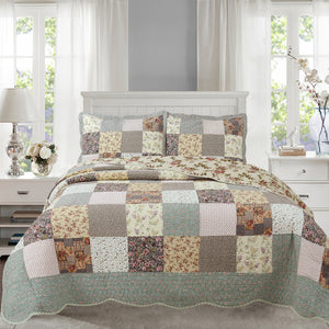 Country Floral Chic Scalloped Real Patchwork Cotton 3-Piece Quilt Bedding Set