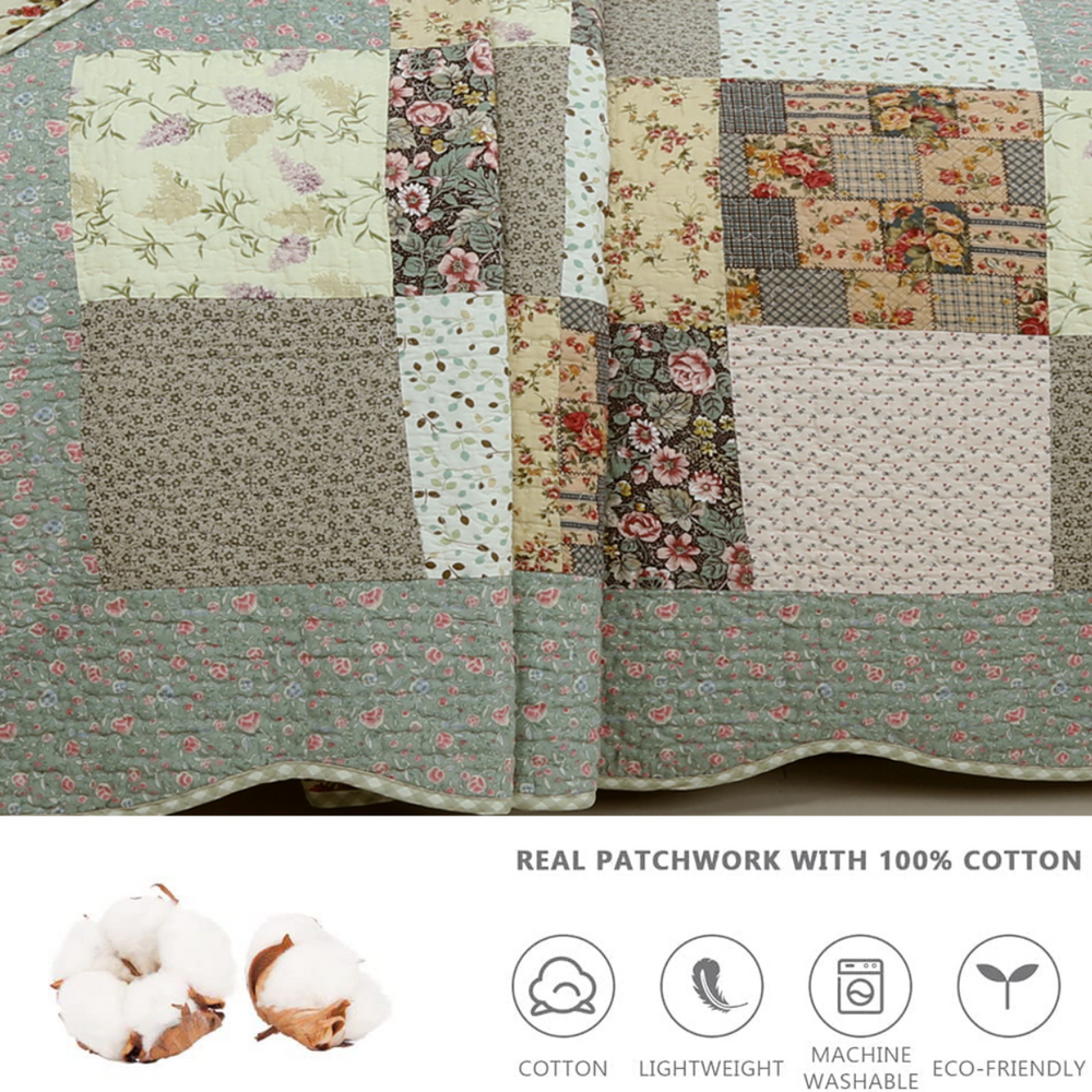 Country Floral Chic Scalloped Real Patchwork Cotton 3-Piece Quilt Bedding Set