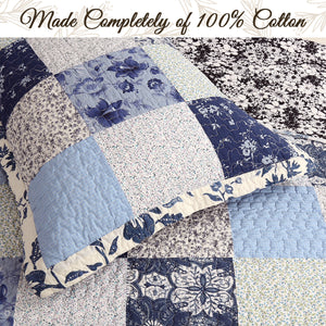 Azure Blue Floral Garden Patchwork 3 Piece Cotton Reversible Quilt Bedding Set